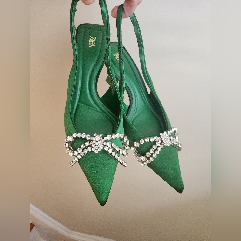 Zara Green Jewel Bow Kitten HEEL Shoes